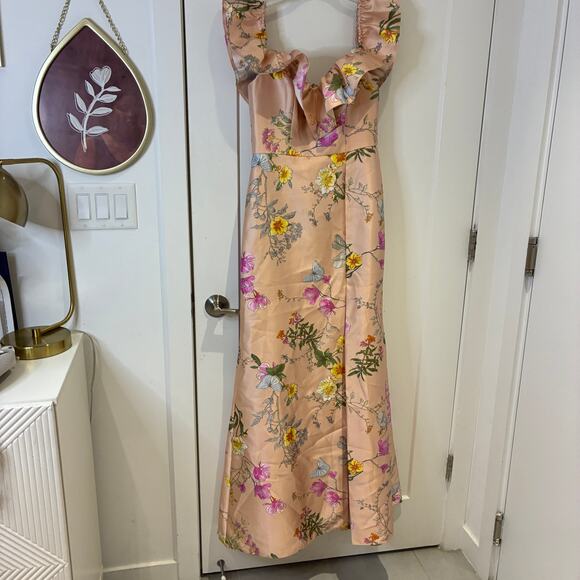 Alfred Sung Off the Shoulder Pink Satin Floral Trumpet Gown Medium - Picture 4 of 9